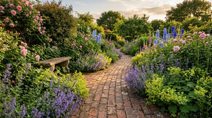 Curving reclaimed brick garden path edged with catmint and roses in warm evening light