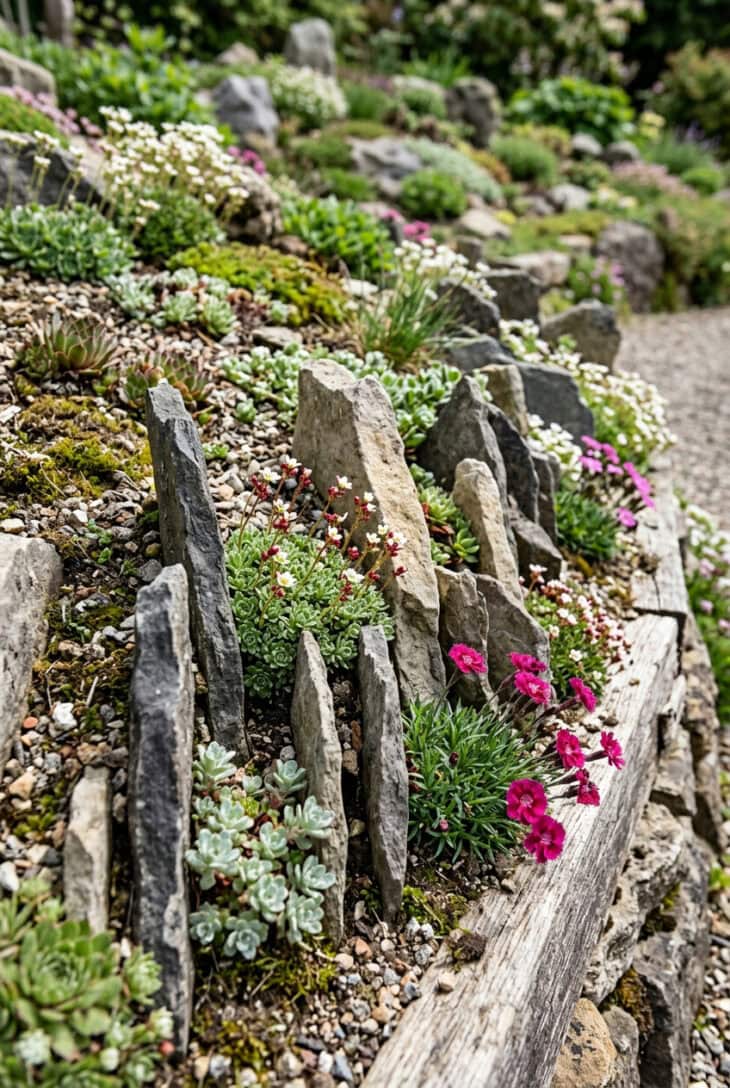 Upright flat stones forming crevice edging planted with tiny alpines