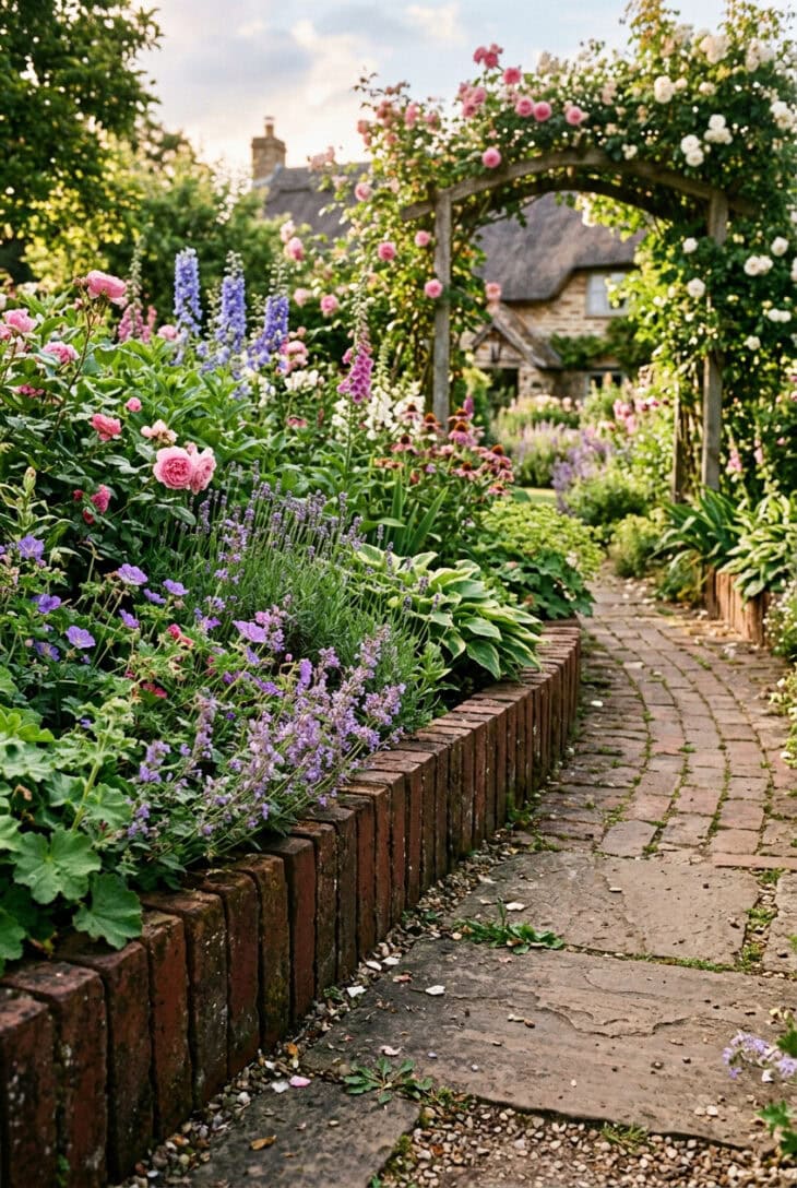 Red brick soldier course edging a cottage flower border