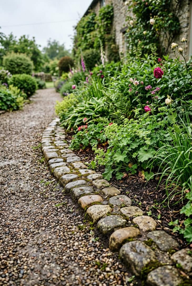 Rounded cobblestones edging a gravel path beside green planting