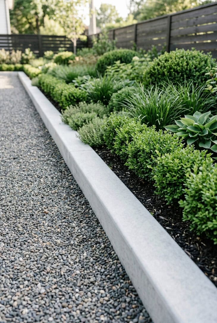 Smooth concrete kerb edging gravel and clipped contemporary planting