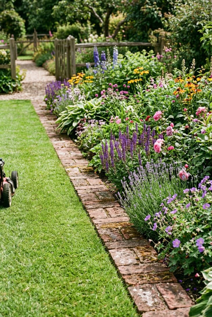Flat brick mowing strip laid flush between lawn and flower bed
