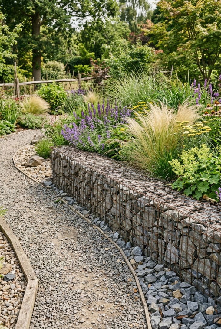Low gabion basket edging a raised bed with grasses behind it
