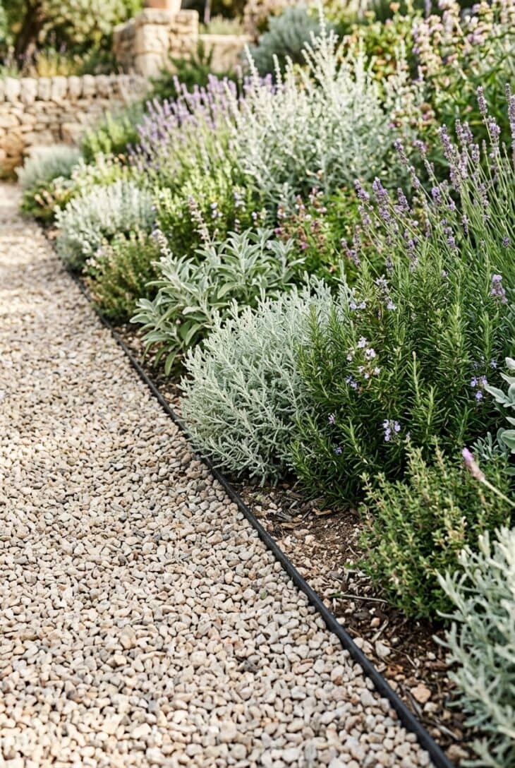 Black metal gravel stop strip separating pale gravel from silver foliage planting