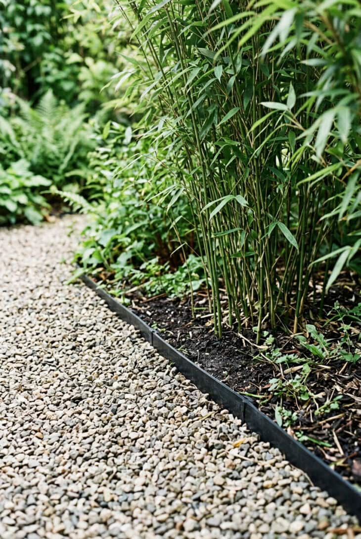 Hidden root barrier edging a screening plant bed beside gravel