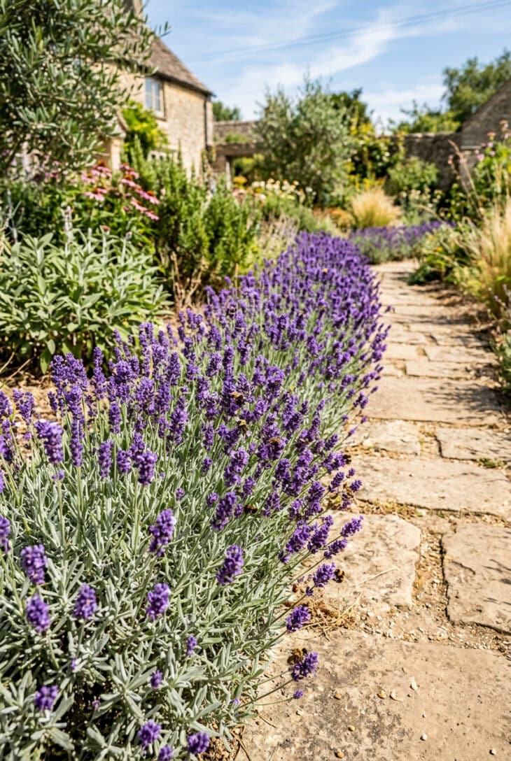 Lavender hedge edging a sunny path with bees on purple flowers