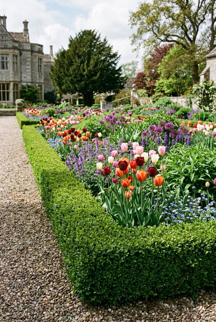 Low clipped boxwood hedge edging a formal flower bed