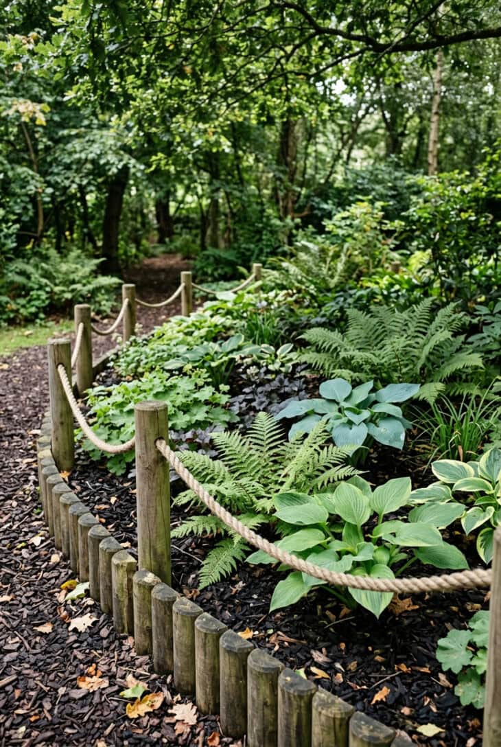 Weathered log roll edging around a fern and hosta shade border