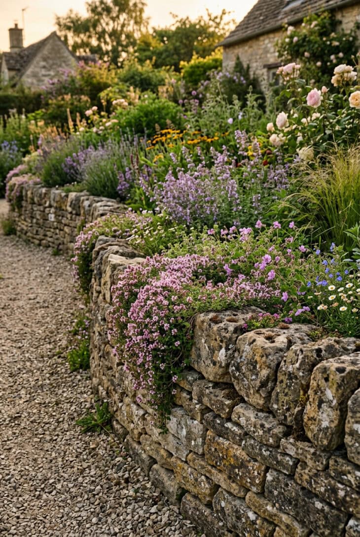 Low dry-stone wall edging a garden border with thyme on top