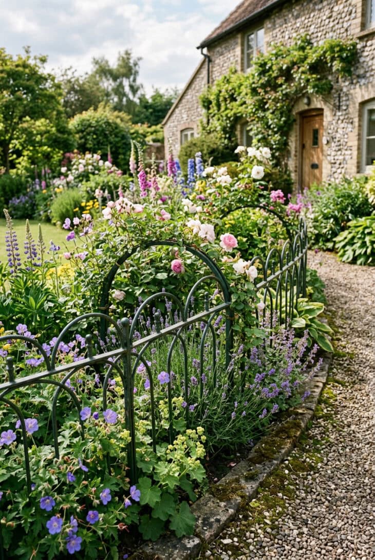 Low dark green metal hoop edging along a cottage flower border