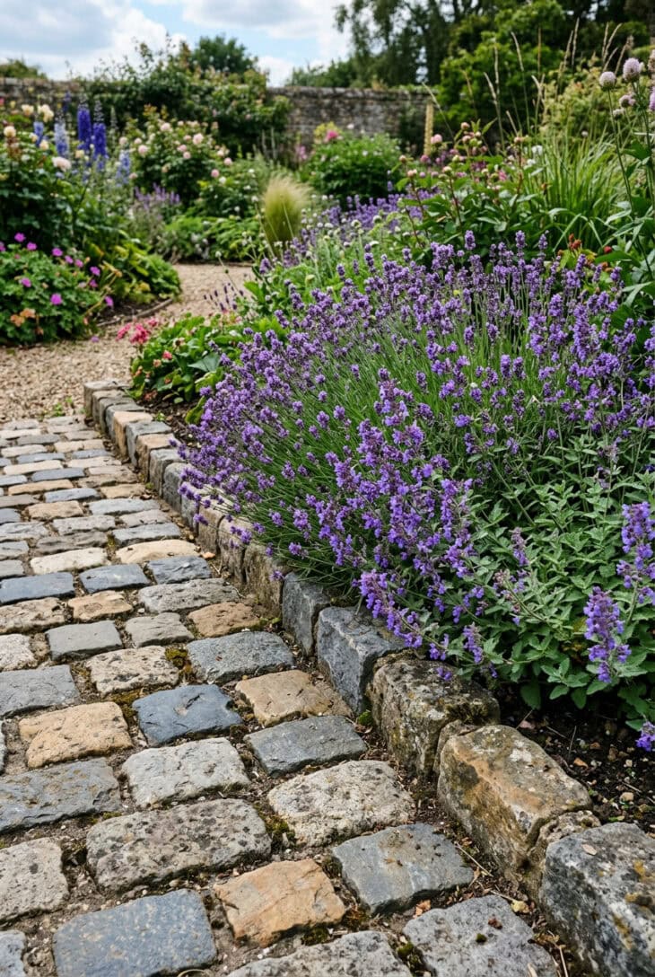 Natural stone setts edging a border of lavender and catmint