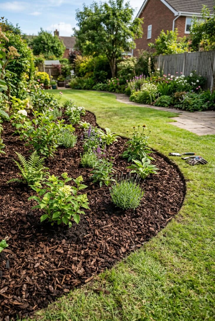 No-dig mulched bed edge curving over former lawn with young planting