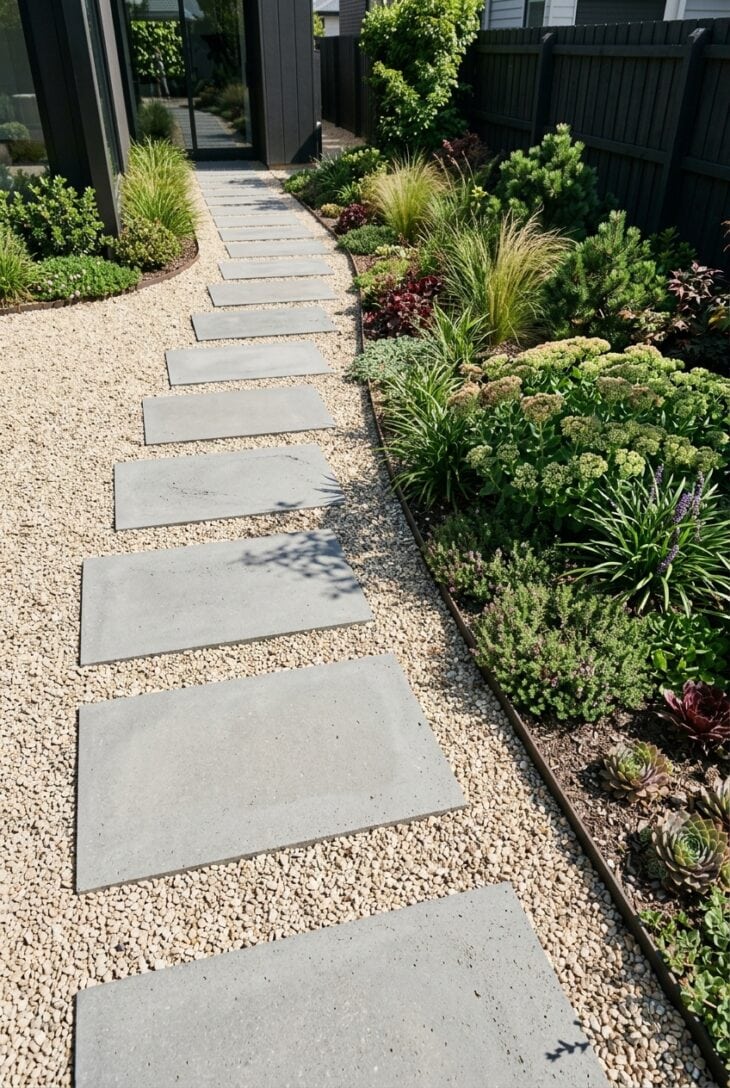 Rectangular pavers forming a clean edge through pale gravel and low planting