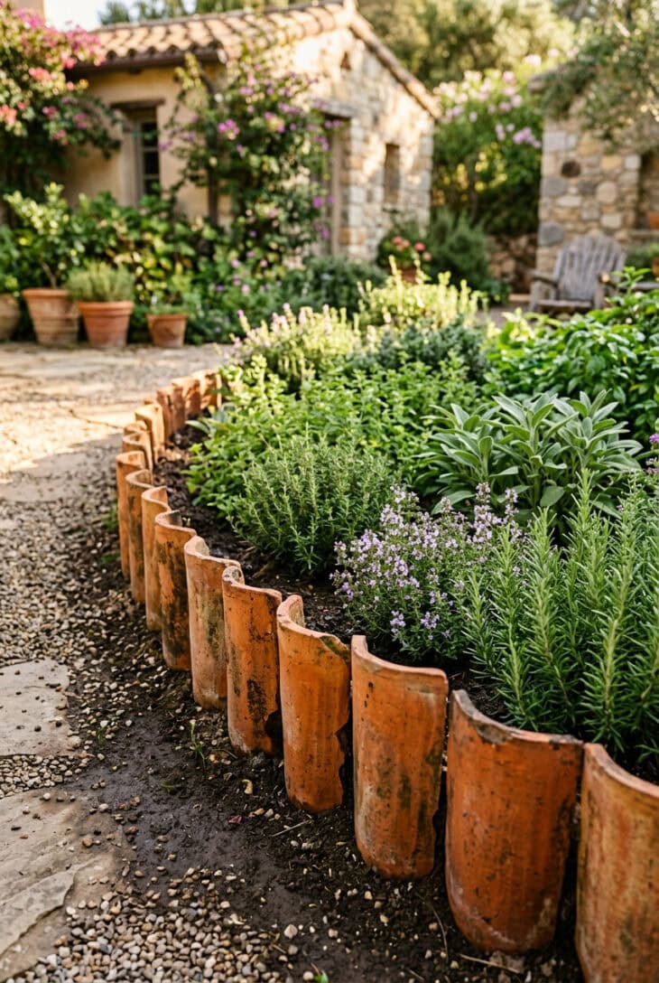 Reclaimed terracotta roof tiles used as scalloped edging around a herb bed