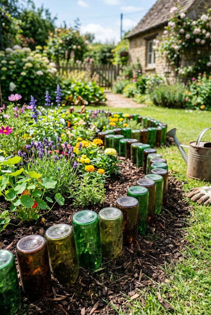 Upside-down recycled glass bottles edging a small sunny flower bed