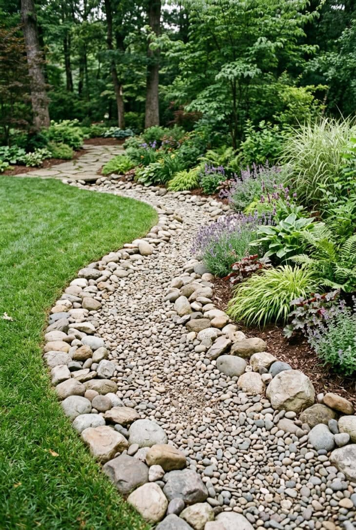 River rock dry creek edge between lawn and planted border