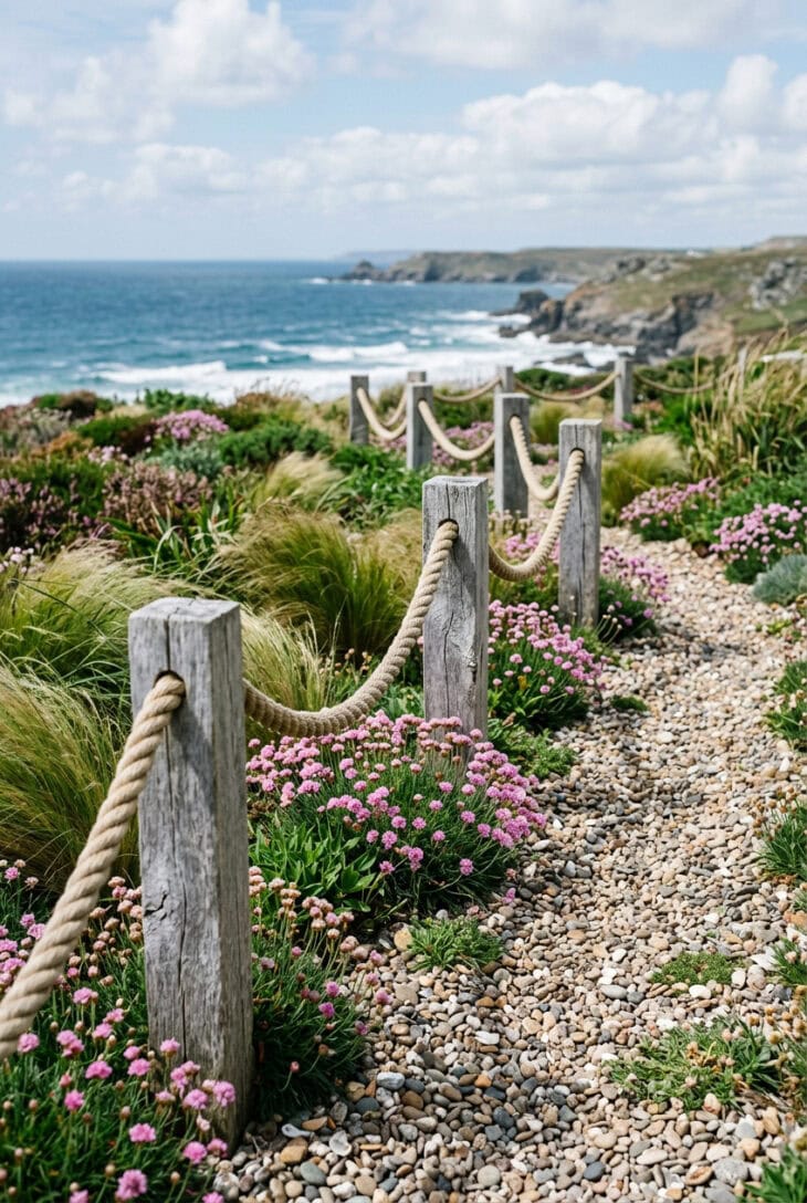 Natural rope edging between short posts beside shingle and coastal grasses