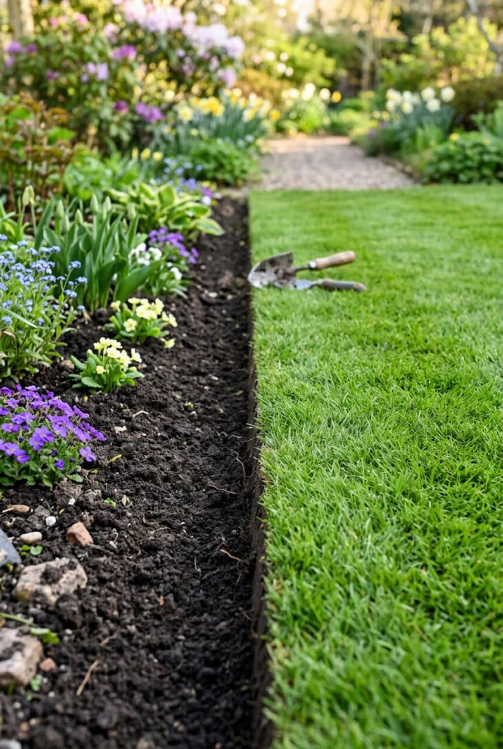 Sharp spade-cut lawn edge between turf and dark border soil