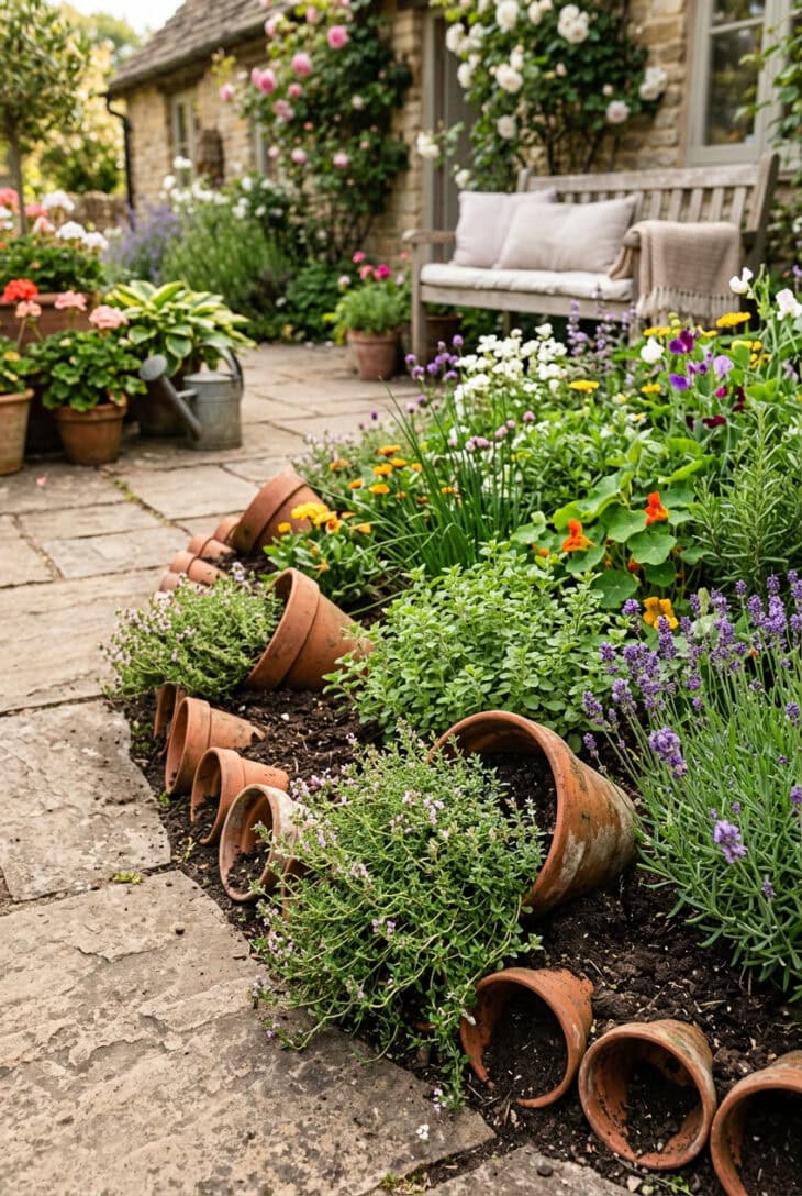 Half-buried terracotta pots used as edging with thyme spilling out