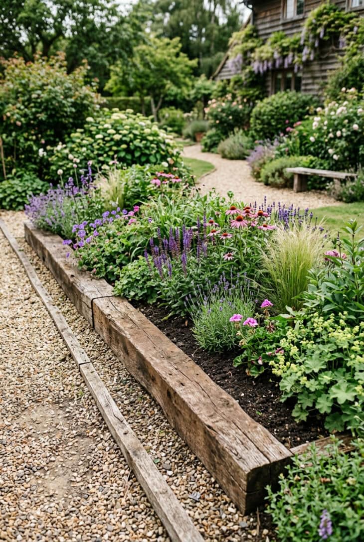 Horizontal timber sleeper edging a raised garden border beside gravel