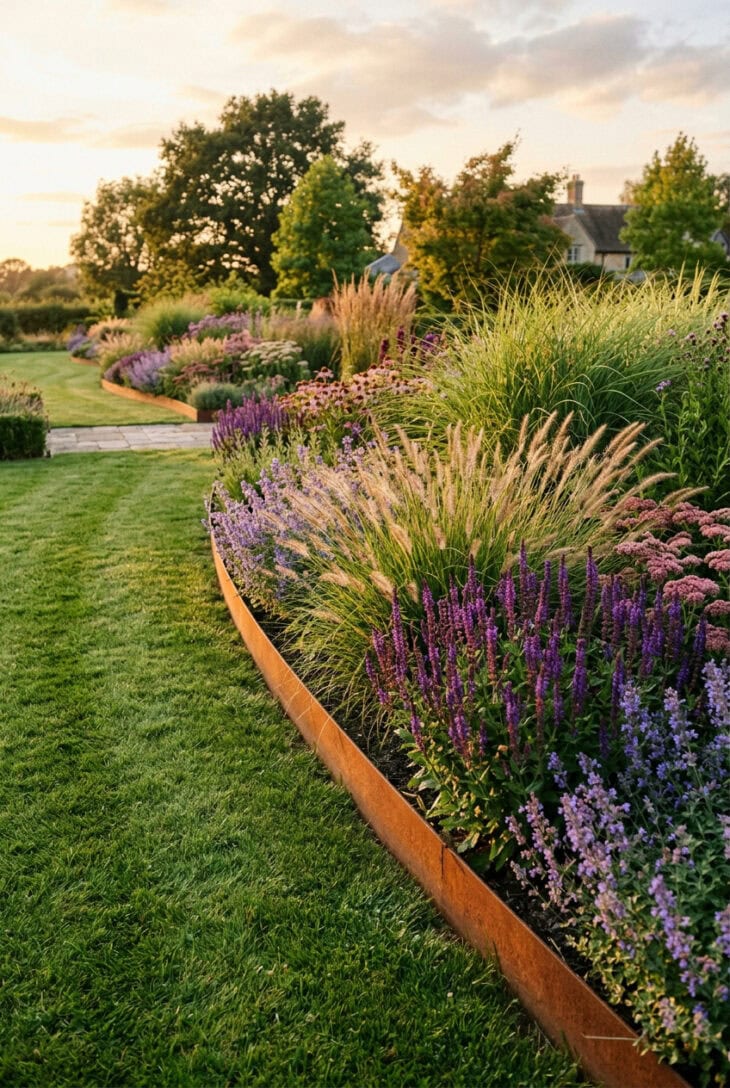 Weathered steel strip edging a curved lawn border with grasses and salvia