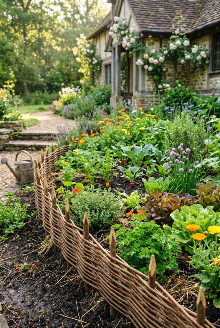 Low woven willow edging around a cottage vegetable bed