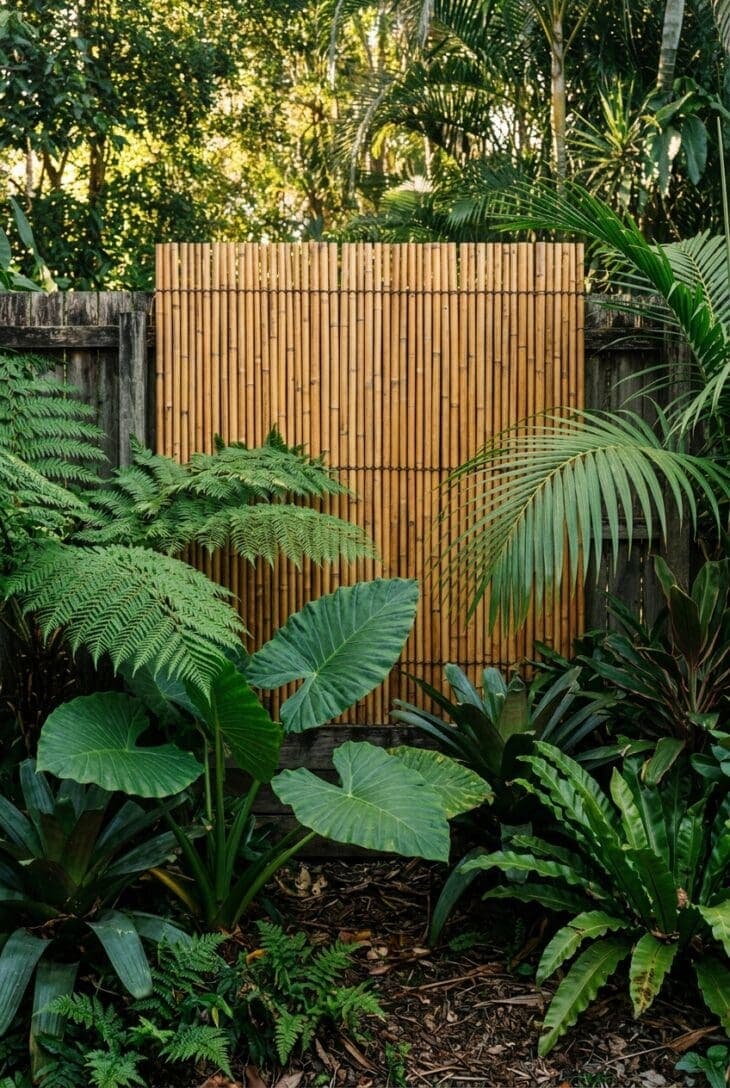 Honey-gold bamboo cane screening fixed over a fence behind big-leaved tropical foliage