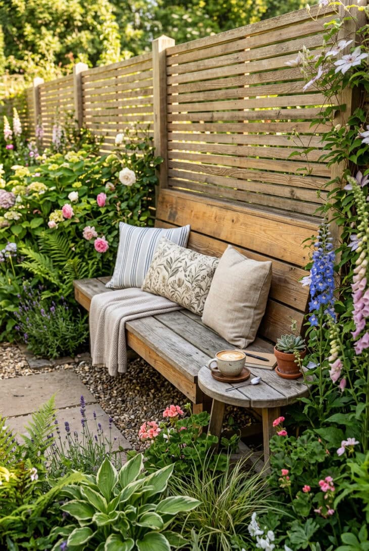 Timber bench built into a slatted fence with cushions and planting crowding both ends