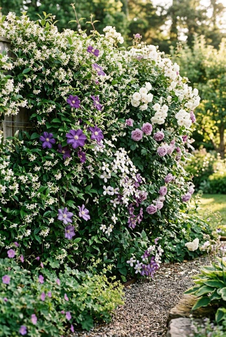 Fence hidden under a dense curtain of climbing jasmine, clematis and roses in flower