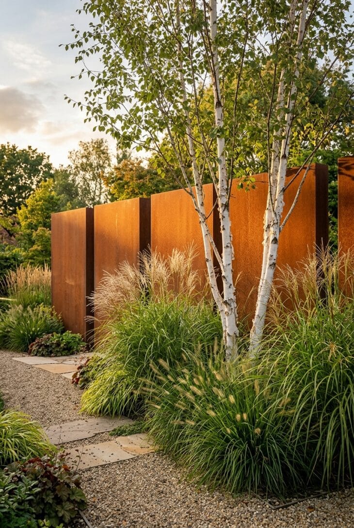 Rusted corten steel screen panels behind tall ornamental grasses and a multi-stemmed birch