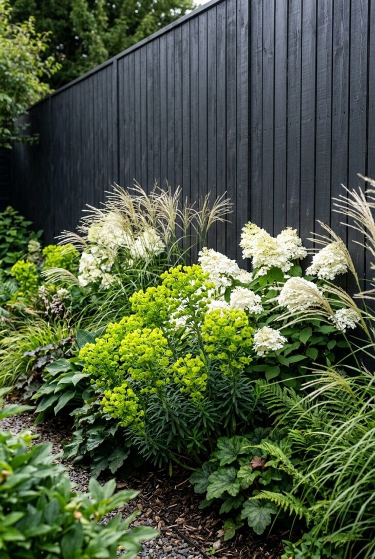 Near-black painted fence with lime euphorbia and white hydrangeas glowing against it