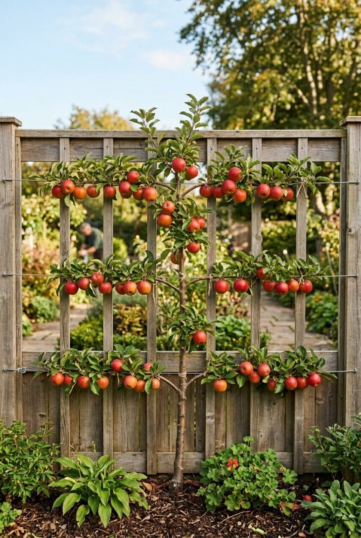 Apple tree trained flat in horizontal tiers against a fence carrying ripening red fruit