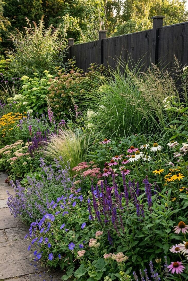 Deep layered border of grasses and shrubs almost entirely concealing a plain dark fence