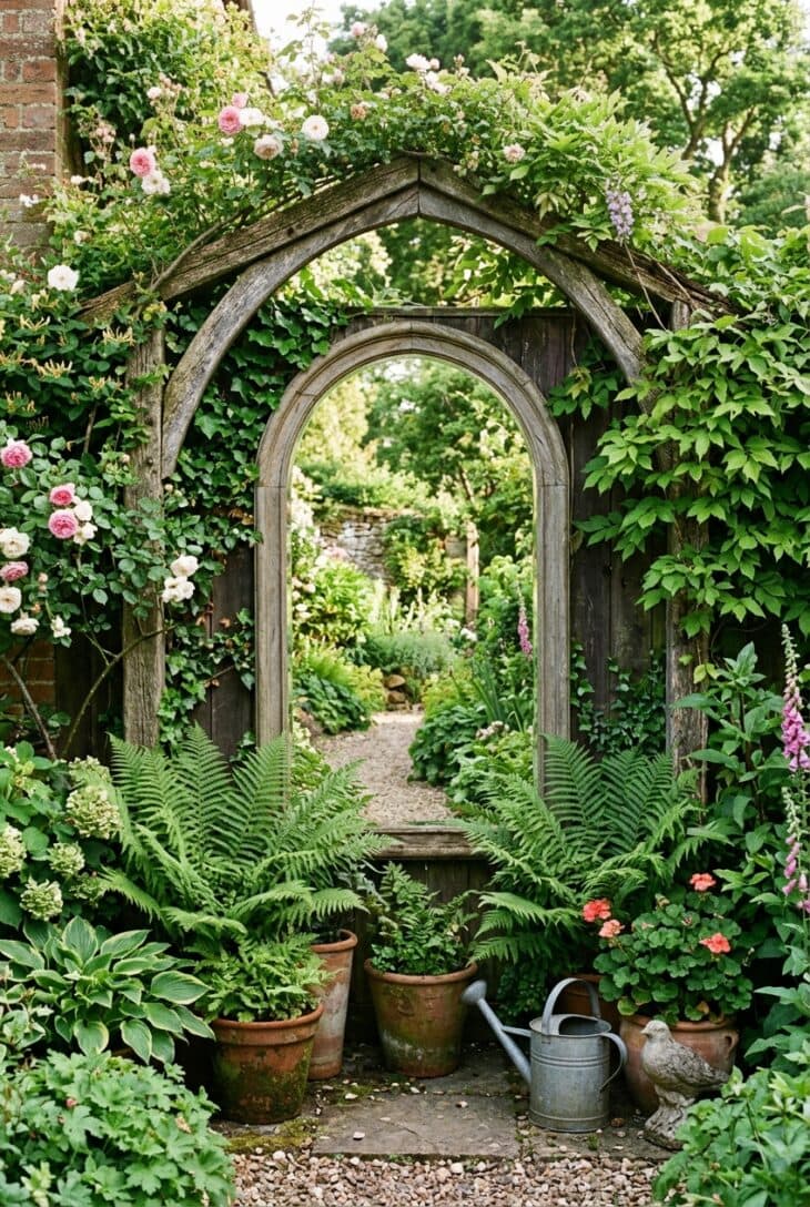 Arched mirror on a fence framed with greenery reflecting the garden like a gateway