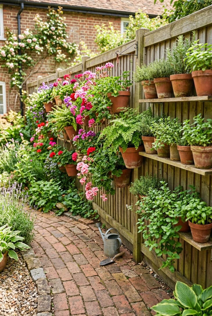 Fence fitted with timber shelves and terracotta pots of trailing pelargoniums and herbs