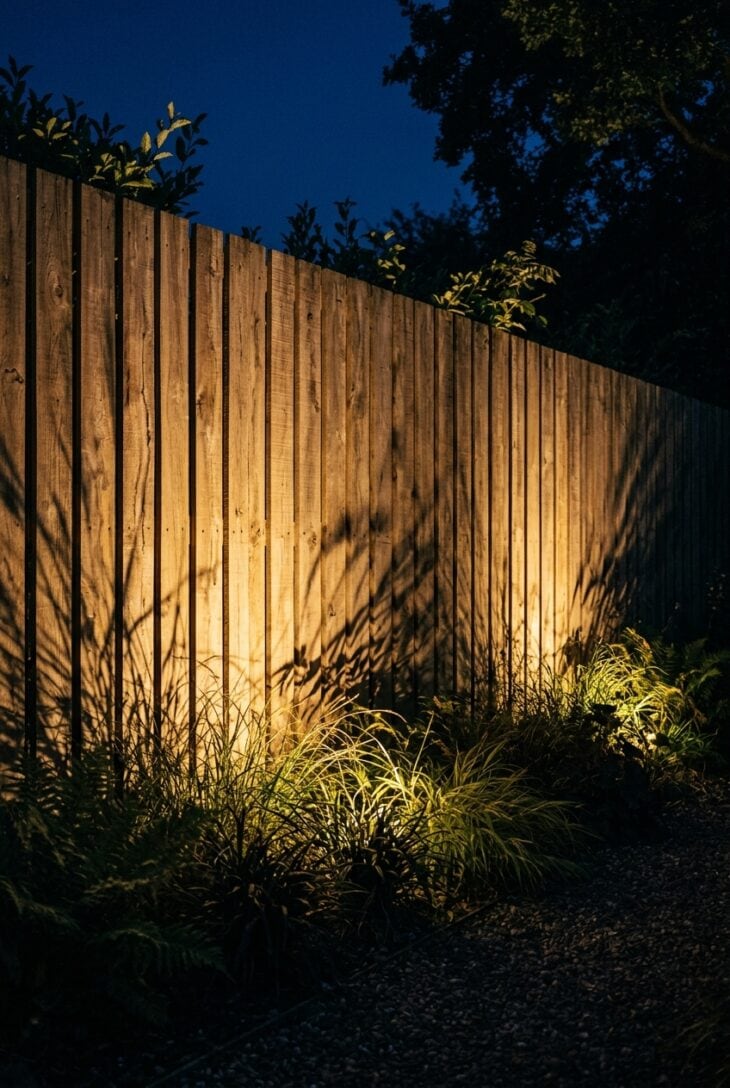 Slatted fence at night grazed by warm uplighting with grass shadows thrown across the boards