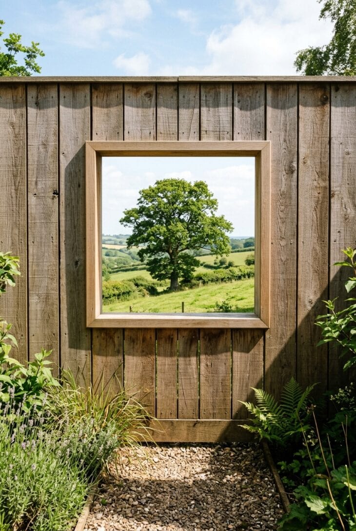 Square window opening cut into a solid timber fence framing a distant tree