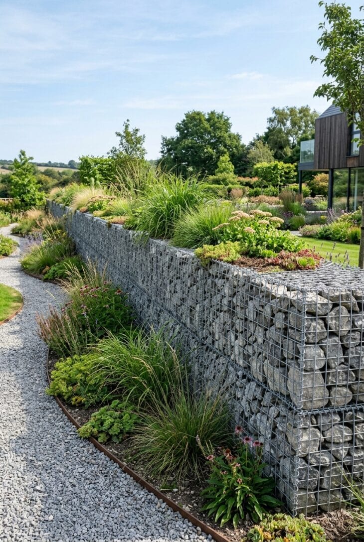 Long boundary of galvanised gabion baskets filled with grey stone with grasses in front