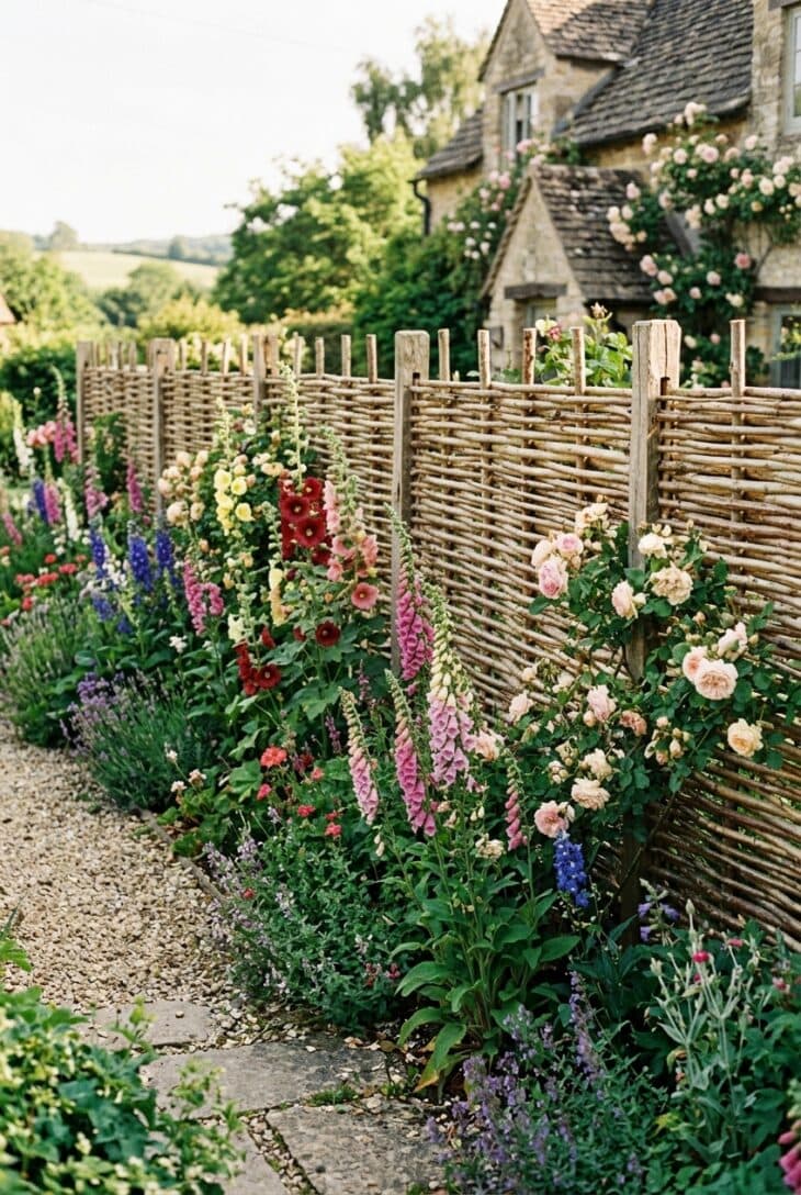 Woven hazel hurdle panels behind a cottage border of hollyhocks and foxgloves