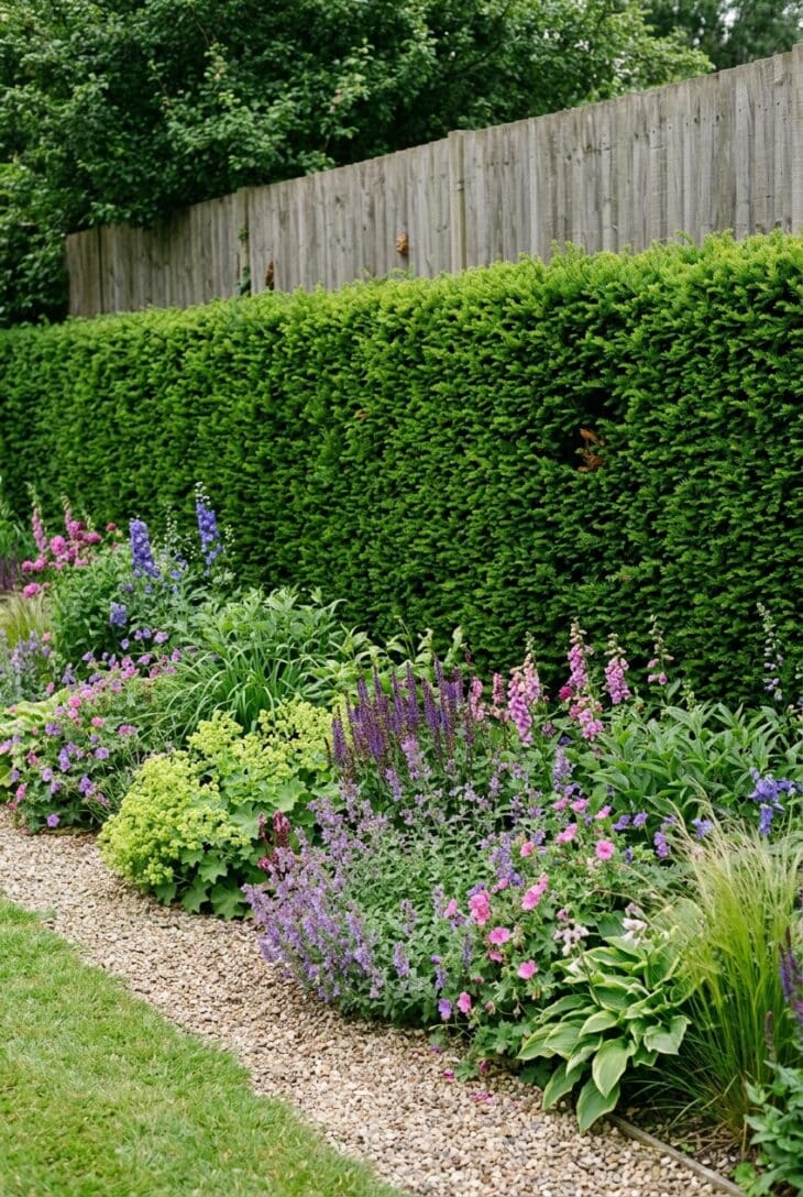 Clipped green hedge growing in front of a timber fence with a perennial border ahead of it