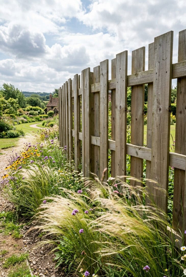 Hit and miss fence with boards alternating front and back of the rails behind moving grasses