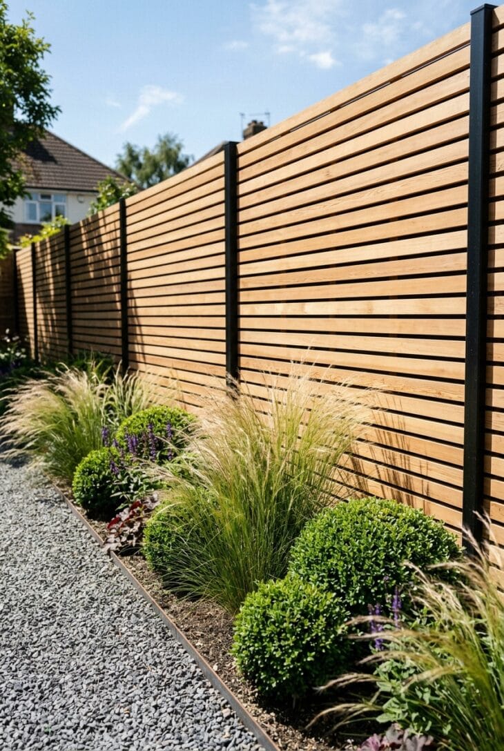 Cedar horizontal slat fence with narrow shadow gaps behind grasses and clipped domes
