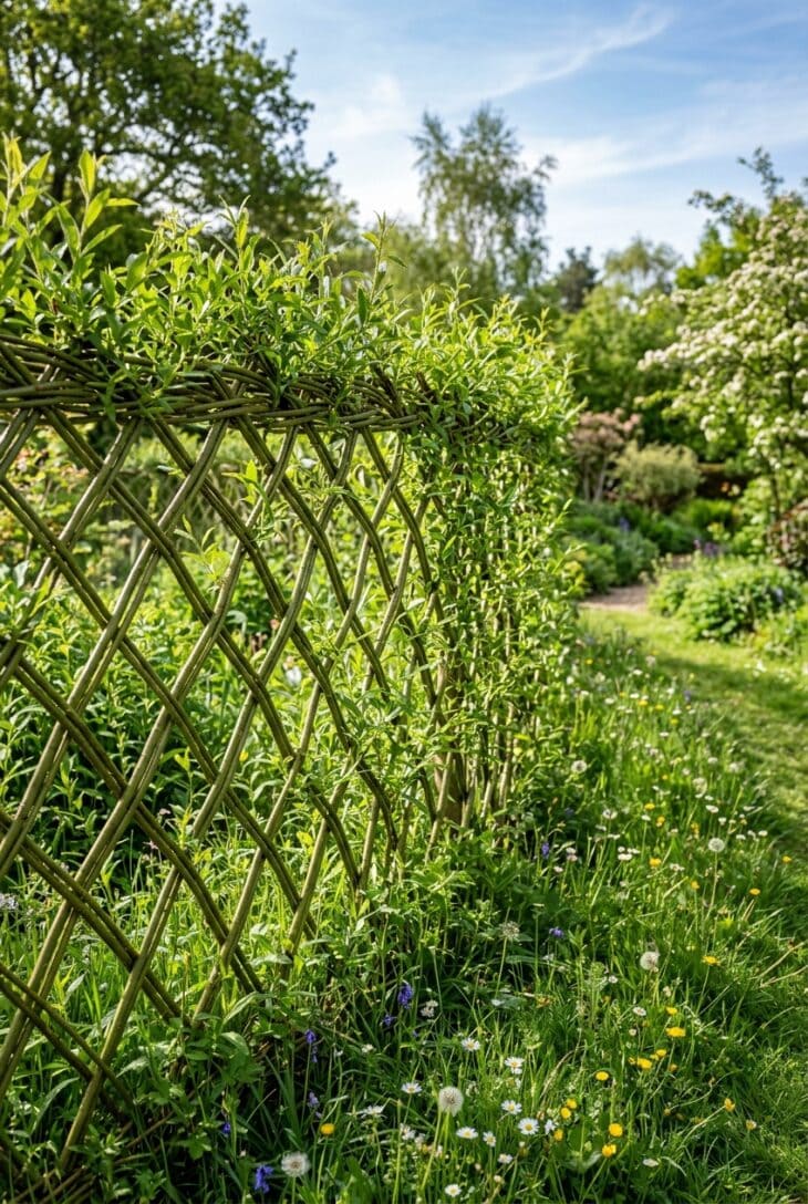 Living willow fence of woven green rods sprouting fresh leaves along a diagonal lattice