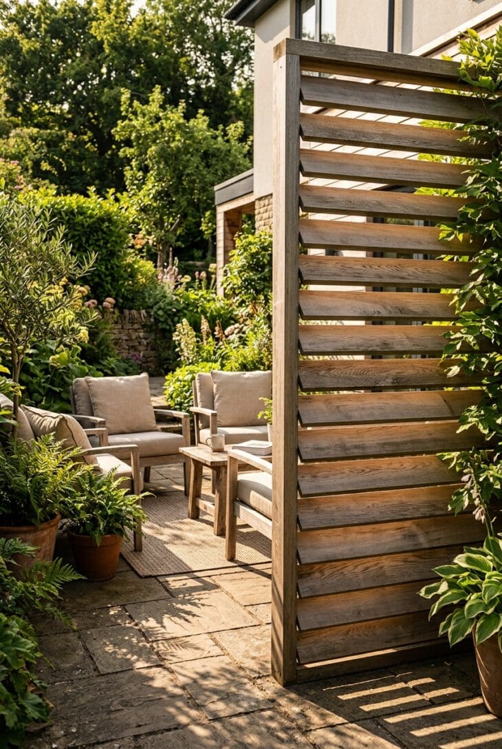 Angled timber louvre screen casting striped shadows across a patio seating area