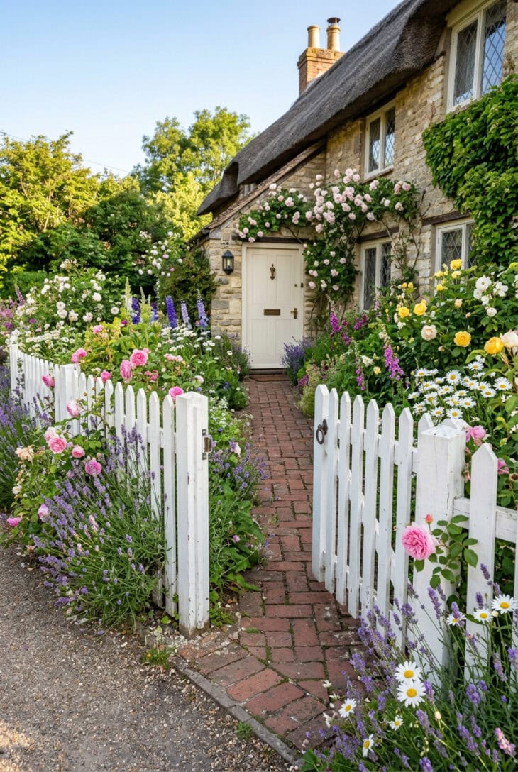 Low white picket fence with lavender and roses spilling through it toward a front door