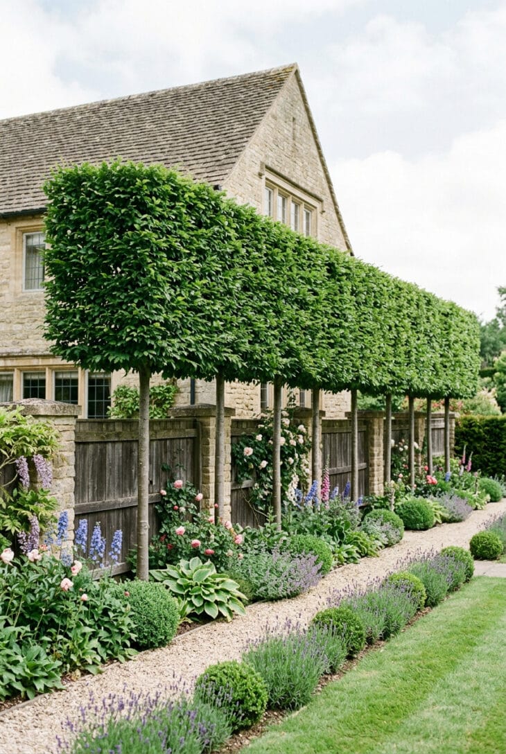 Row of pleached trees with clear trunks and clipped foliage floating above a fence line