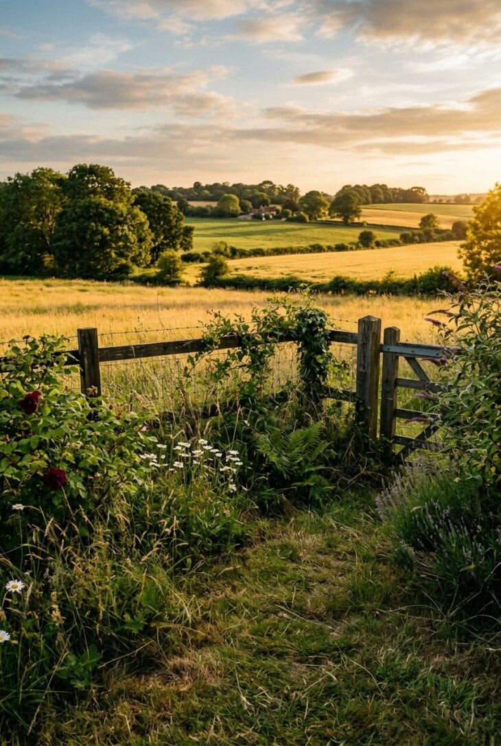 Simple dark post and wire fence at a garden edge with open fields and trees beyond