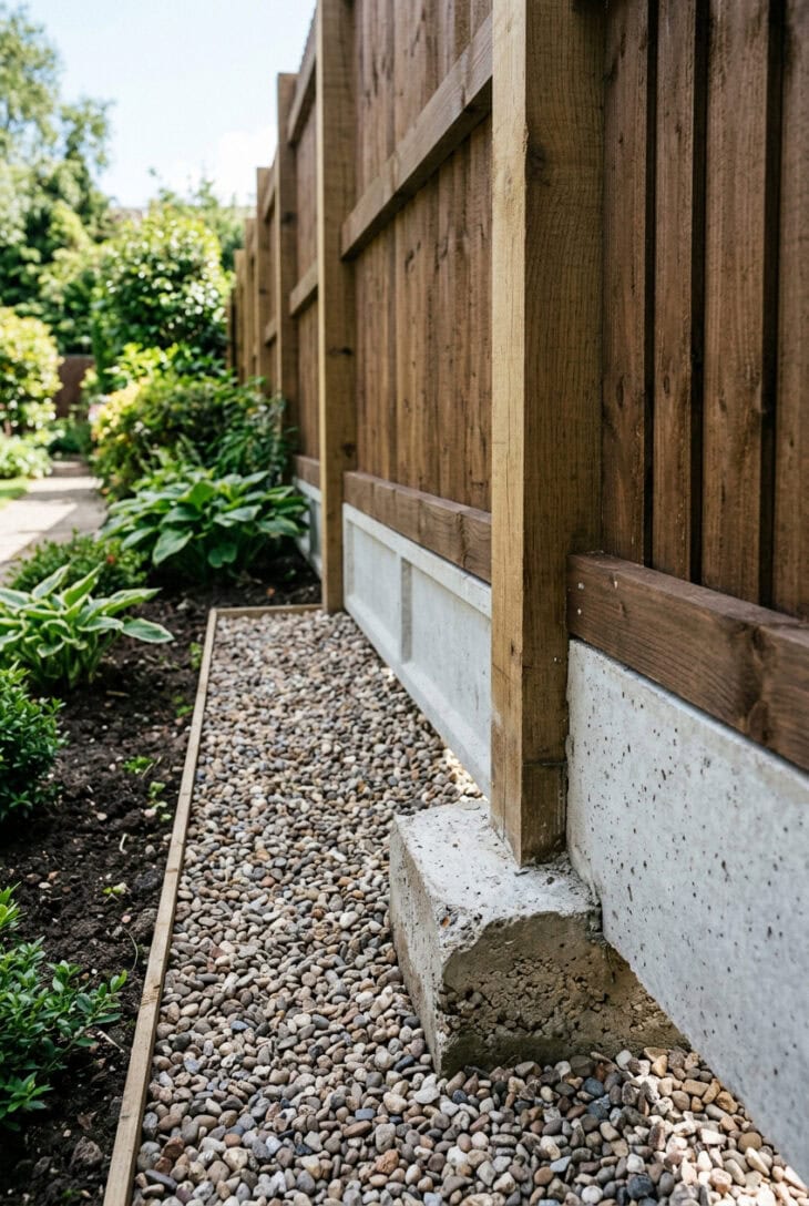 Well-built fence base with a post in a concrete collar and a gravel board below the timber