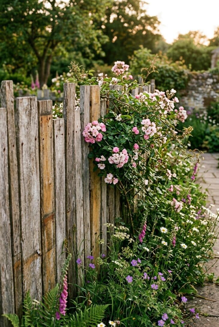 Fence of reclaimed boards in mixed widths and weathered greys with a rambling rose against it
