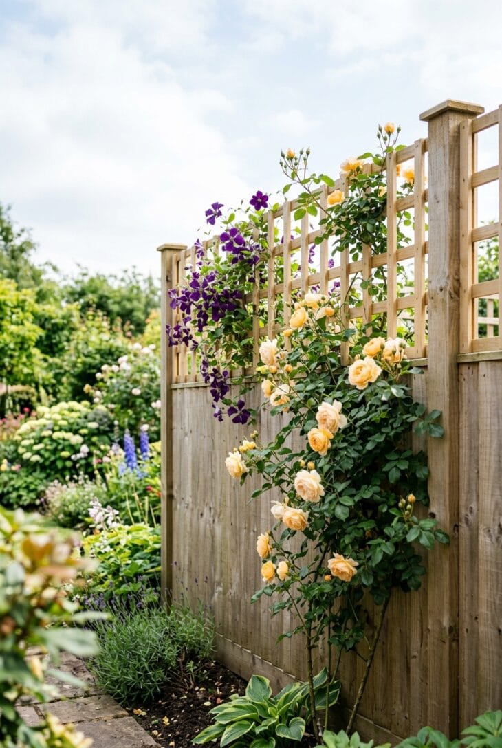 Closeboard fence topped with open trellis carrying a clematis and climbing rose